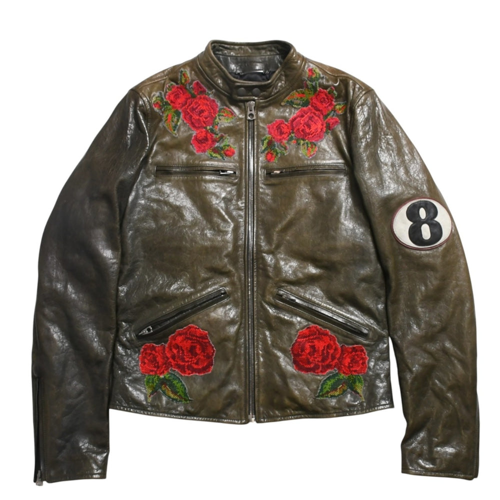DOLCE & GABBANA ドルチェ&ガッバーナ シルク ラムスキン レザージャケット サイズ48 カーキ レッド シルバー金具 美品 中古 4a004147