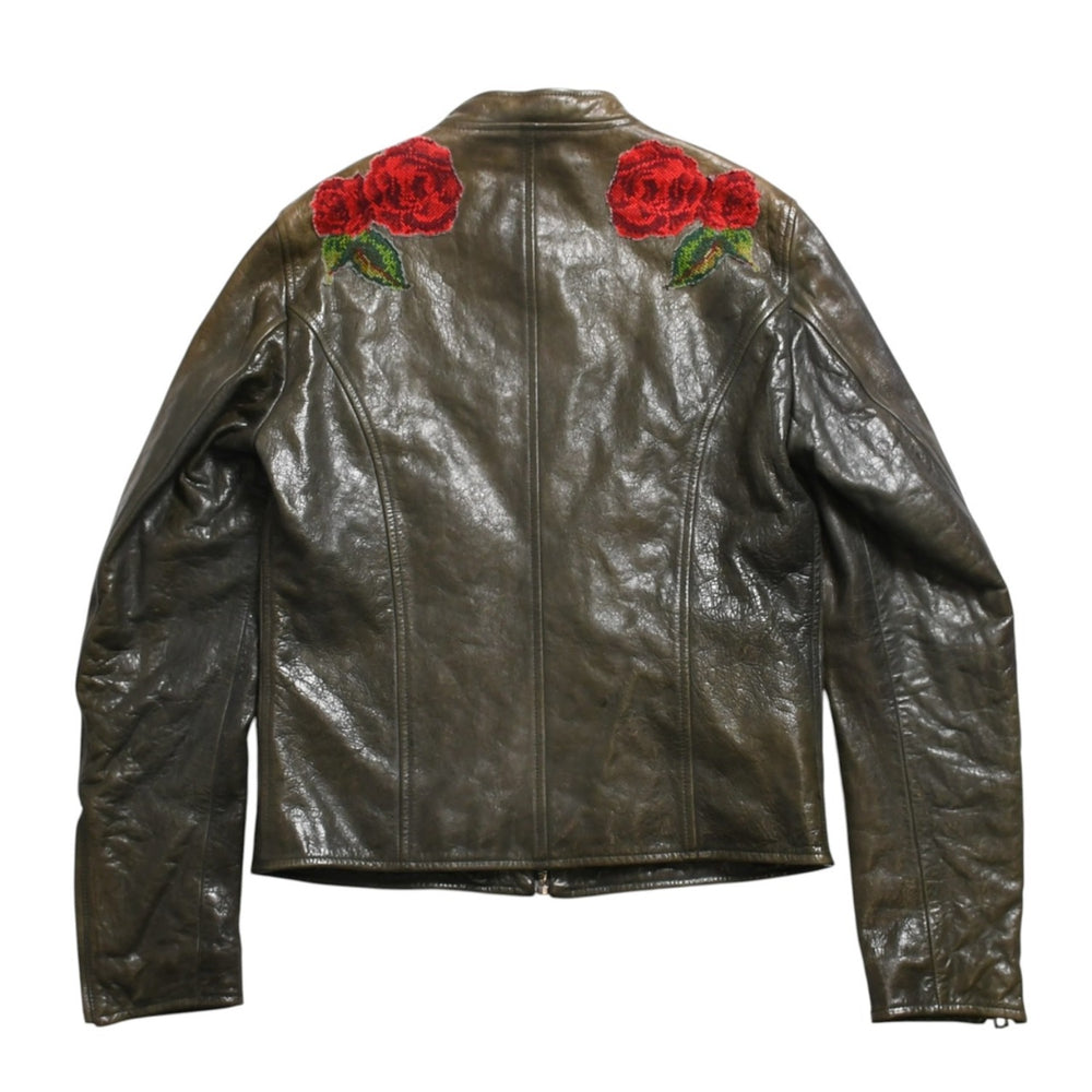 DOLCE & GABBANA ドルチェ&ガッバーナ シルク ラムスキン レザージャケット サイズ48 カーキ レッド シルバー金具 美品 中古 4a004147