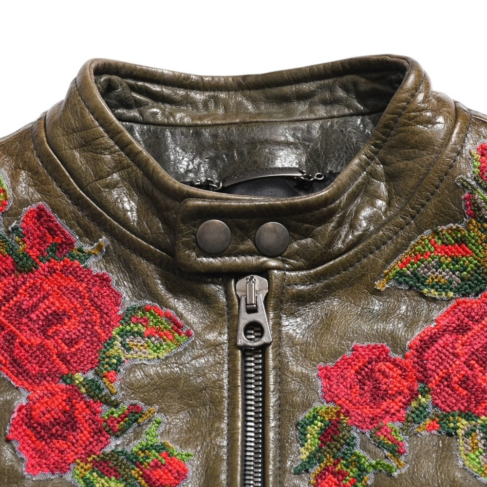 DOLCE &  GABBANA Dolce&ガL'Abbana Silk Lambskin Leather Jacket, Size 48, Khaki/Red with Silver Hardware, Excellent Condition, Used, 4a004147