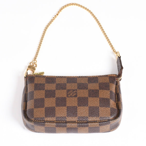 極美品 LOUIS VUITTON ルイヴィトン ダミエ ミニ ポシェット アクセソワール ポーチ N58009 ブラウン ゴールド金具 中古 4a004197