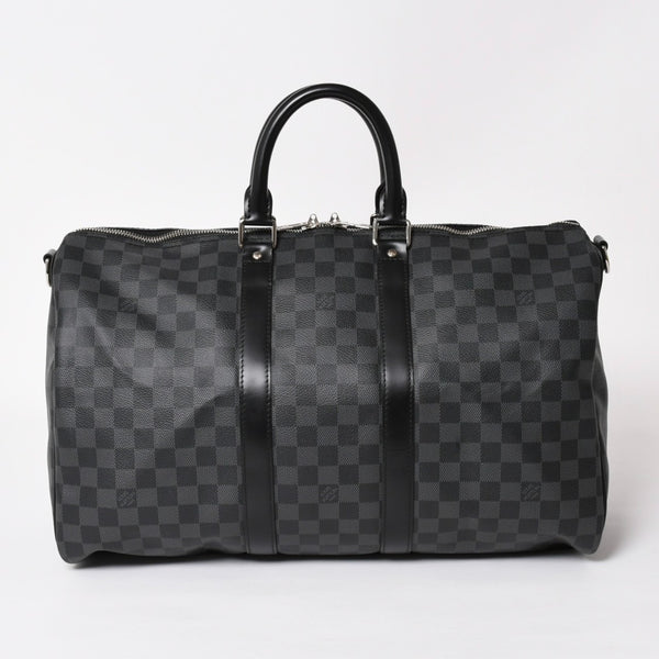 Very Good Condition LOUIS VUITTON Boston Keepall Bandouliere 45 Damier Graphite N41418 Black Silver Hardware 4a004194