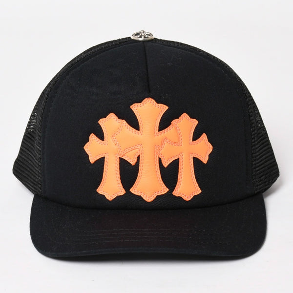 新品未使用品 CHROME HEARTS クロムハーツ セメタリーレザー クロスパッチ オレンジ トラッカー メッシュ キャップ シルバー金具 中古 4a004131
