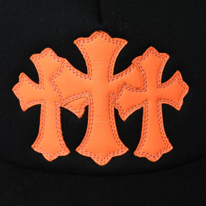 新品未使用品 CHROME HEARTS クロムハーツ セメタリーレザー クロスパッチ オレンジ トラッカー メッシュ キャップ シルバー金具 中古 4a004131