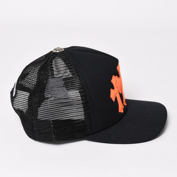 新品未使用品 CHROME HEARTS クロムハーツ セメタリーレザー クロスパッチ オレンジ トラッカー メッシュ キャップ シルバー金具 中古 4a004131