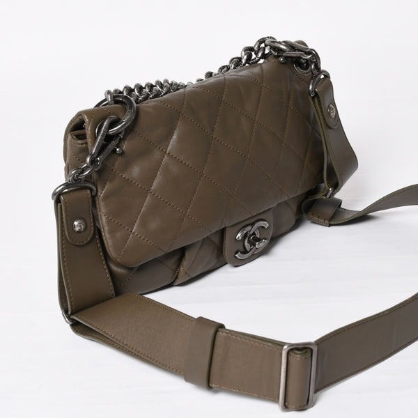 Very Good Condition CHANEL 2WAY Bag No. 16 Coco Mark Lambskin Quilted Olive Antique Silver Hardware Used 4a003948