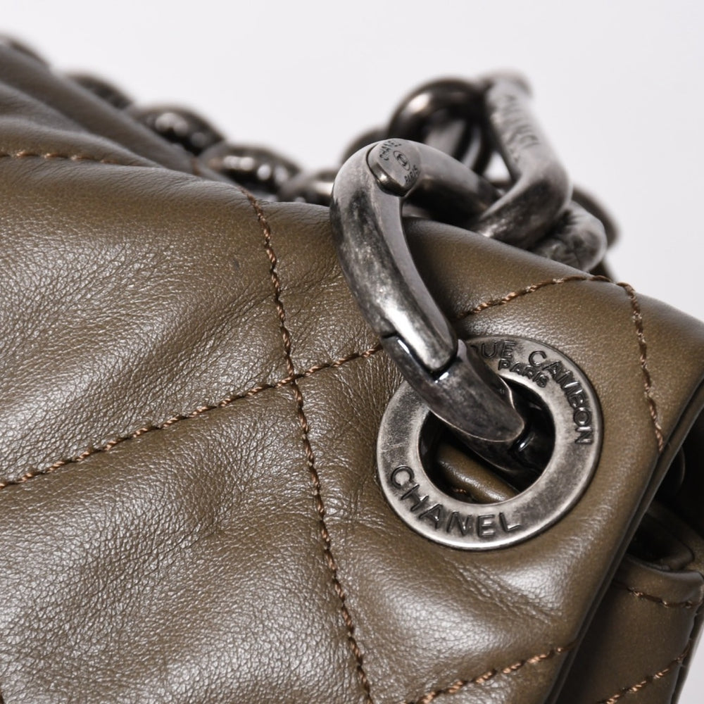Very Good Condition CHANEL 2WAY Bag No. 16 Coco Mark Lambskin Quilted Olive Antique Silver Hardware Used 4a003948