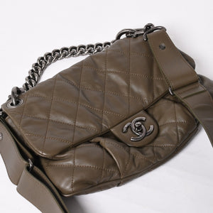Very Good Condition CHANEL 2WAY Bag No. 16 Coco Mark Lambskin Quilted Olive Antique Silver Hardware Used 4a003948
