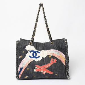 CHANEL シャネル チェーントートバッグ A31932 10番台 夜間飛行 刺繍 ココマーク デニム エンブロイダリー 美品 中古 4a004240