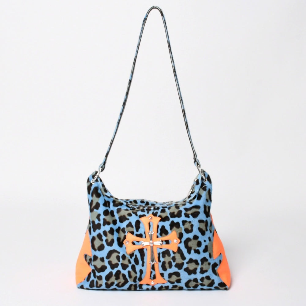 CHROME HEARTS Little Lyon Shoulder Bag Blue Leopard Pony Hair Large Cross Decoration Haraco Good Condition Used 4a003561