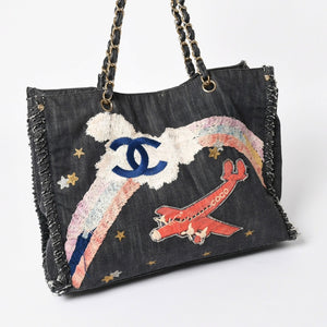 CHANEL シャネル チェーントートバッグ A31932 10番台 夜間飛行 刺繍 ココマーク デニム エンブロイダリー 美品 中古 4a004240