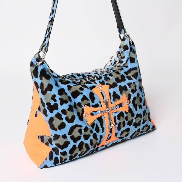 CHROME HEARTS Little Lyon Shoulder Bag Blue Leopard Pony Hair Large Cross Decoration Haraco Good Condition Used 4a003561