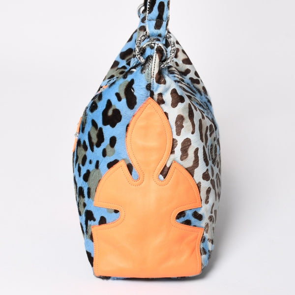 CHROME HEARTS Little Lyon Shoulder Bag Blue Leopard Pony Hair Large Cross Decoration Haraco Good Condition Used 4a003561