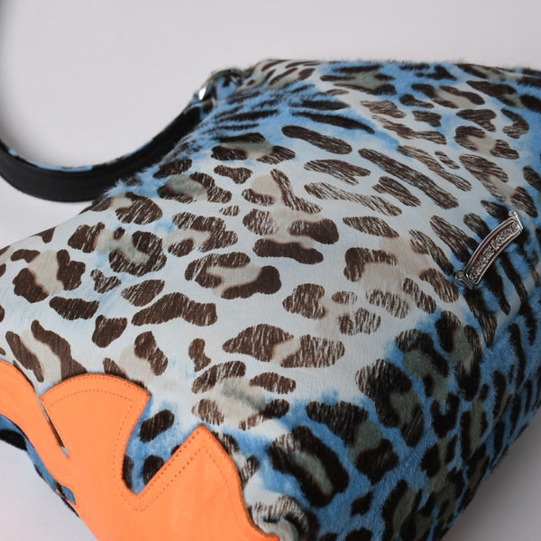 CHROME HEARTS Little Lyon Shoulder Bag Blue Leopard Pony Hair Large Cross Decoration Haraco Good Condition Used 4a003561