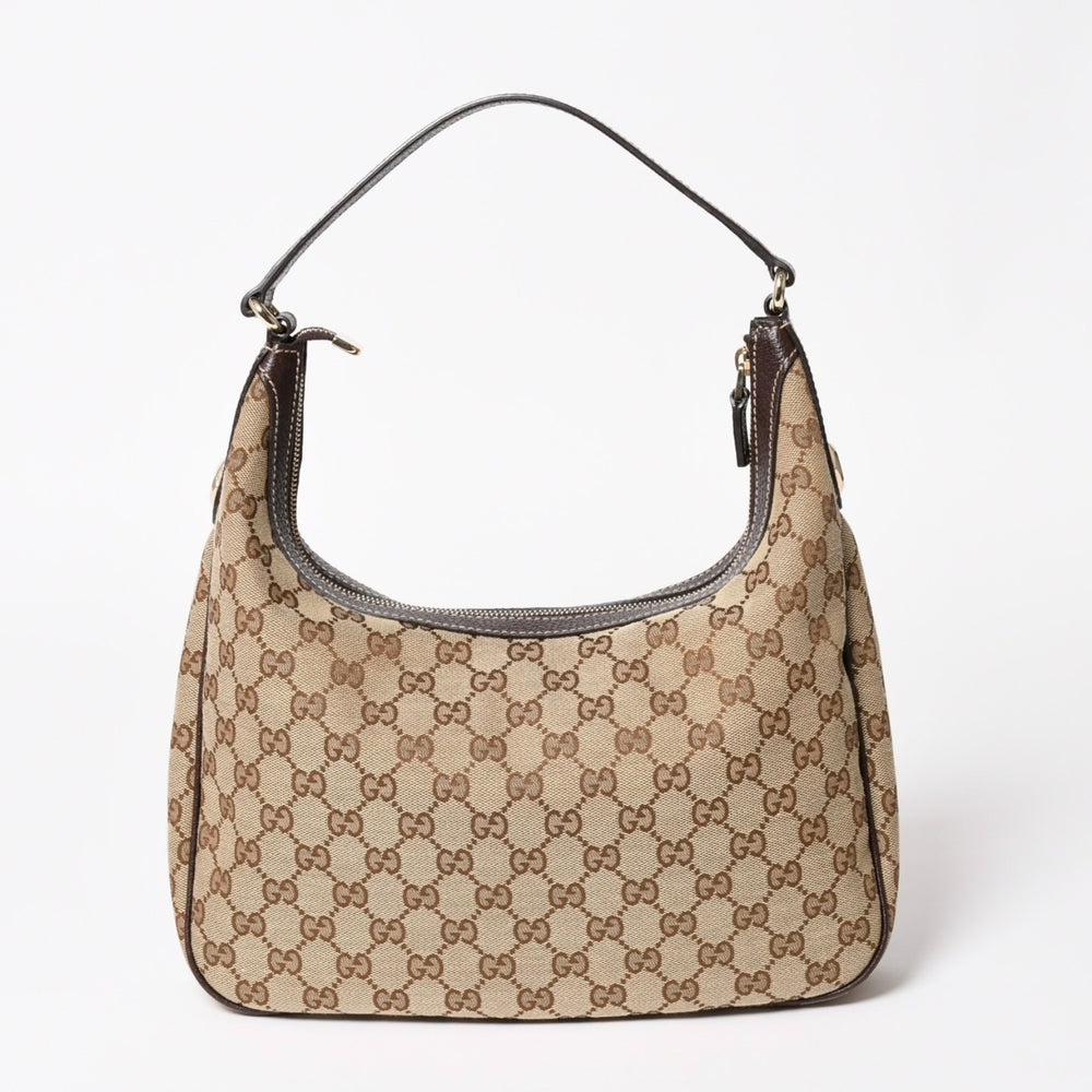 極美品 GUCCI グッチ GGキャンバス ホーボー ワンショルダーバッグ セミショルダーバッグ 153010 ベージュ ブラウン レザー 204046 ゴールド金具 中古 4a003957