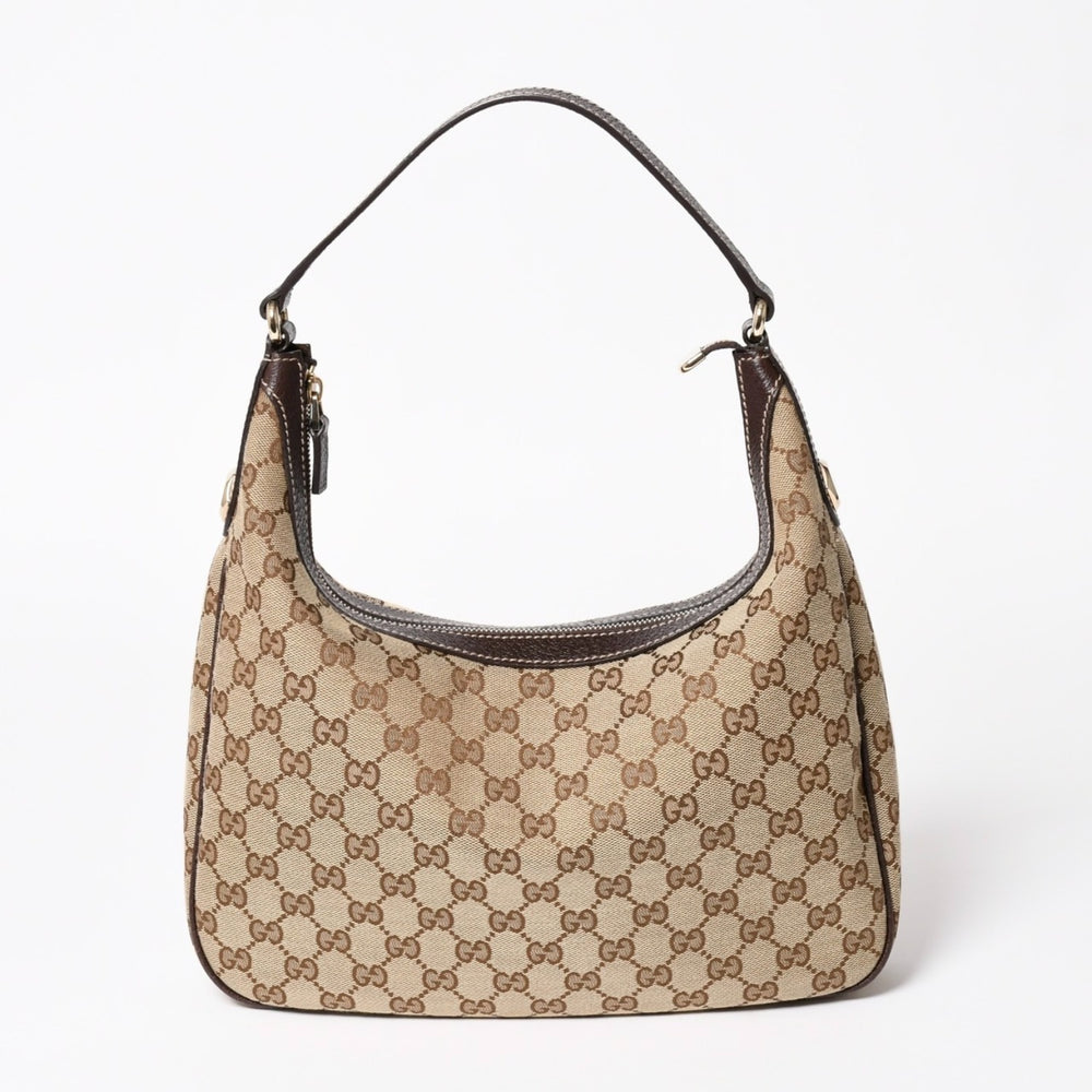 極美品 GUCCI グッチ GGキャンバス ホーボー ワンショルダーバッグ セミショルダーバッグ 153010 ベージュ ブラウン レザー 204046 ゴールド金具 中古 4a003957