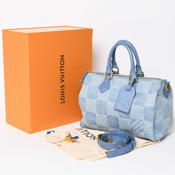 LOUIS VUITTON Speedy Bandouliere 30 Handbag N00203 Damier Denim 3D Cotton Canvas Denim Blue Gold Hardware Good Condition Used 4a004246