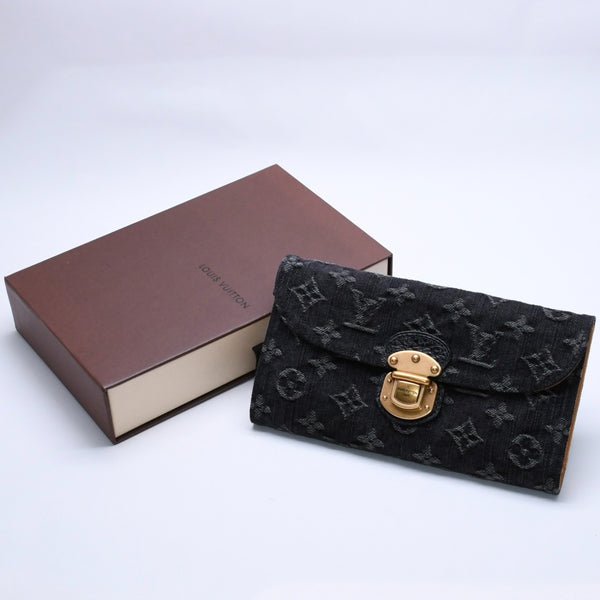 極美品 LOUIS VUITTON ルイヴィトン モノグラムデニム ポルトフォイユ アメリア M95512 三つ折り財布 ブラック イエロー ゴールド金具 中古 4a004267