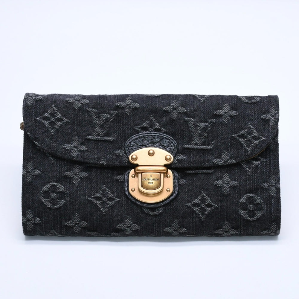Very good condition LOUIS VUITTON Monogram Denim Portefeuille Amelia M95512 Trifold Wallet Black Yellow Gold Hardware Used 4a004267
