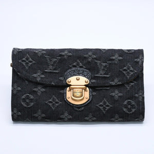 極美品 LOUIS VUITTON ルイヴィトン モノグラムデニム ポルトフォイユ アメリア M95512 三つ折り財布 ブラック イエロー ゴールド金具 中古 4a004267