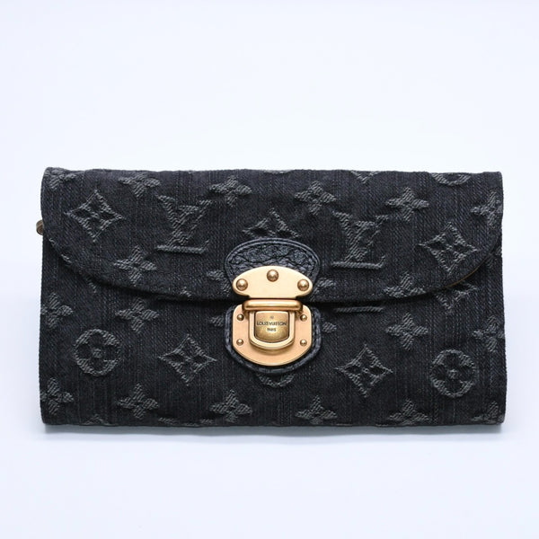 極美品 LOUIS VUITTON ルイヴィトン モノグラムデニム ポルトフォイユ アメリア M95512 三つ折り財布 ブラック イエロー ゴールド金具 中古 4a004267