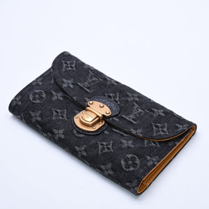 極美品 LOUIS VUITTON ルイヴィトン モノグラムデニム ポルトフォイユ アメリア M95512 三つ折り財布 ブラック イエロー ゴールド金具 中古 4a004267