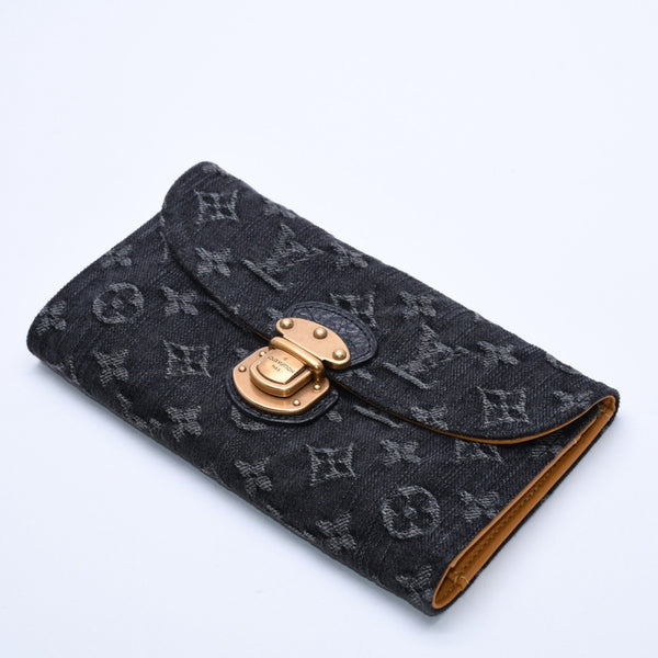 極美品 LOUIS VUITTON ルイヴィトン モノグラムデニム ポルトフォイユ アメリア M95512 三つ折り財布 ブラック イエロー ゴールド金具 中古 4a004267