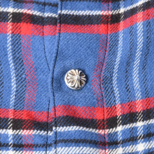 極美品 CHROME HEARTS クロムハーツ 長袖シャツ WORK DOG ワークドッグ ブルー レッド チェックシャツ クロスボタン サイズXL 中古 4a004270