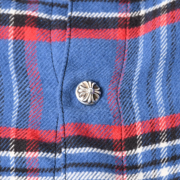 極美品 CHROME HEARTS クロムハーツ 長袖シャツ WORK DOG ワークドッグ ブルー レッド チェックシャツ クロスボタン サイズXL 中古 4a004270