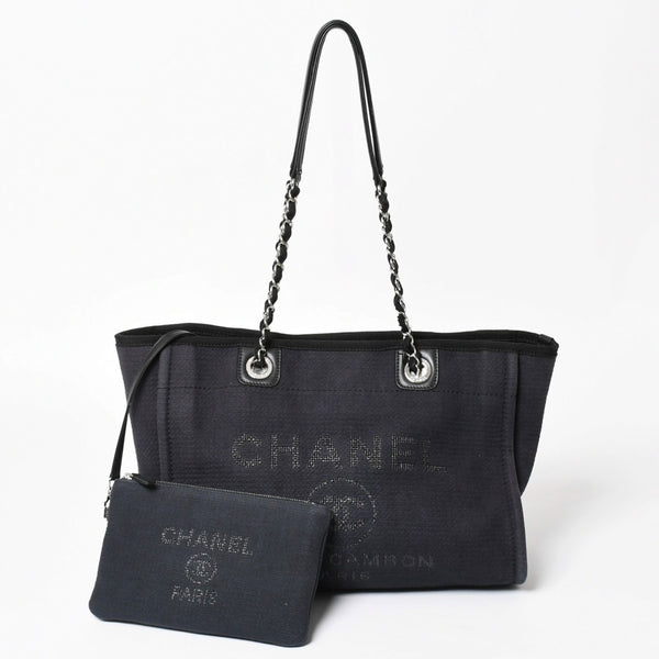 CHANEL シャネル ドーヴィルMM チェーンストラップトートバッグ ランダム番台 ショルダーバッグ ダークネイビー ブラック コットンファイバー シルバー金具 良品 中古 4a004278