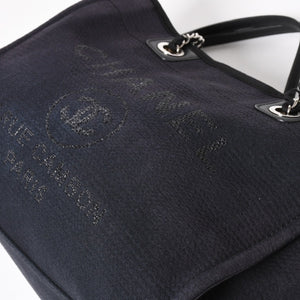 CHANEL シャネル ドーヴィルMM チェーンストラップトートバッグ ランダム番台 ショルダーバッグ ダークネイビー ブラック コットンファイバー シルバー金具 良品 中古 4a004278