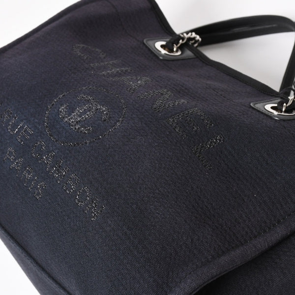 CHANEL シャネル ドーヴィルMM チェーンストラップトートバッグ ランダム番台 ショルダーバッグ ダークネイビー ブラック コットンファイバー シルバー金具 良品 中古 4a004278