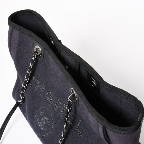 CHANEL シャネル ドーヴィルMM チェーンストラップトートバッグ ランダム番台 ショルダーバッグ ダークネイビー ブラック コットンファイバー シルバー金具 良品 中古 4a004278