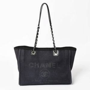 CHANEL シャネル ドーヴィルMM チェーンストラップトートバッグ ランダム番台 ショルダーバッグ ダークネイビー ブラック コットンファイバー シルバー金具 良品 中古 4a004278