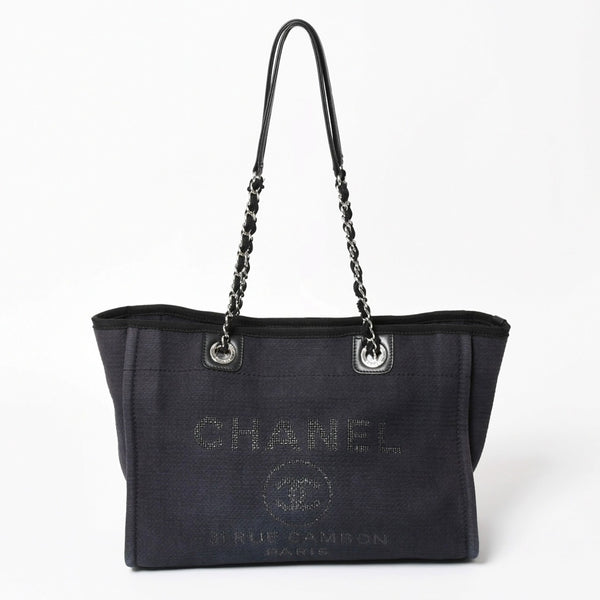 CHANEL シャネル ドーヴィルMM チェーンストラップトートバッグ ランダム番台 ショルダーバッグ ダークネイビー ブラック コットンファイバー シルバー金具 良品 中古 4a004278