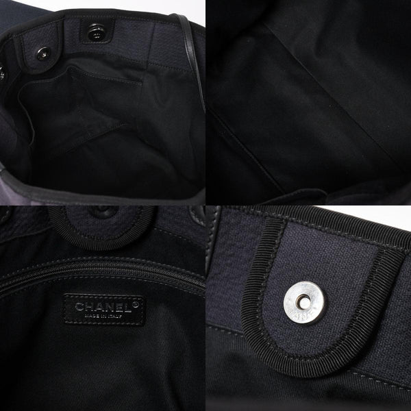 CHANEL シャネル ドーヴィルMM チェーンストラップトートバッグ ランダム番台 ショルダーバッグ ダークネイビー ブラック コットンファイバー シルバー金具 良品 中古 4a004278