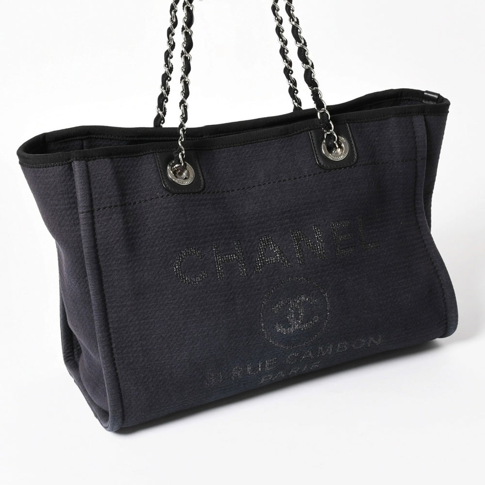 CHANEL Deauville MM Chain Strap Tote Bag Random Number Shoulder Bag Dark Navy Black Cotton Fiber Silver Hardware Good Used 4a004278