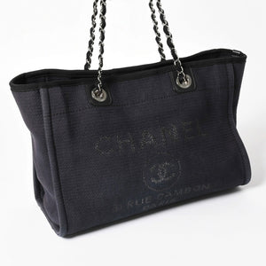 CHANEL シャネル ドーヴィルMM チェーンストラップトートバッグ ランダム番台 ショルダーバッグ ダークネイビー ブラック コットンファイバー シルバー金具 良品 中古 4a004278