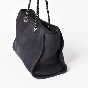 CHANEL シャネル ドーヴィルMM チェーンストラップトートバッグ ランダム番台 ショルダーバッグ ダークネイビー ブラック コットンファイバー シルバー金具 良品 中古 4a004278