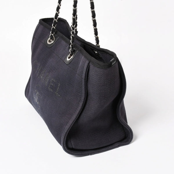 CHANEL シャネル ドーヴィルMM チェーンストラップトートバッグ ランダム番台 ショルダーバッグ ダークネイビー ブラック コットンファイバー シルバー金具 良品 中古 4a004278
