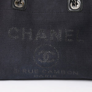 CHANEL シャネル ドーヴィルMM チェーンストラップトートバッグ ランダム番台 ショルダーバッグ ダークネイビー ブラック コットンファイバー シルバー金具 良品 中古 4a004278