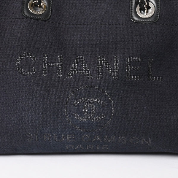 CHANEL シャネル ドーヴィルMM チェーンストラップトートバッグ ランダム番台 ショルダーバッグ ダークネイビー ブラック コットンファイバー シルバー金具 良品 中古 4a004278