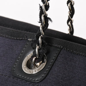 CHANEL シャネル ドーヴィルMM チェーンストラップトートバッグ ランダム番台 ショルダーバッグ ダークネイビー ブラック コットンファイバー シルバー金具 良品 中古 4a004278
