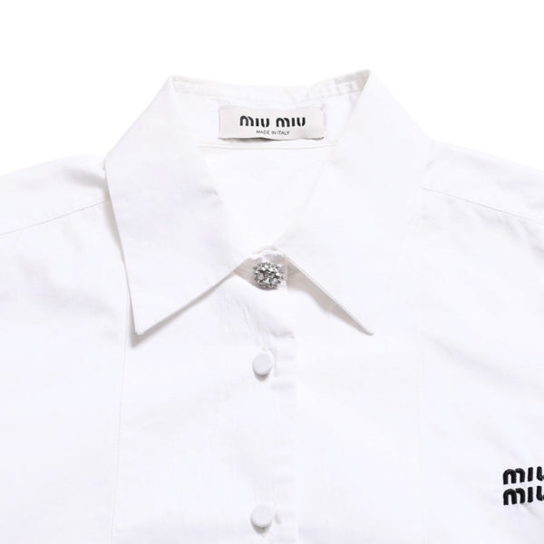 MIUMIU ミュウミュウ クロップド丈 シャツ ホワイト ブラック ラインストーン サイズ36 美品 中古 4a004111