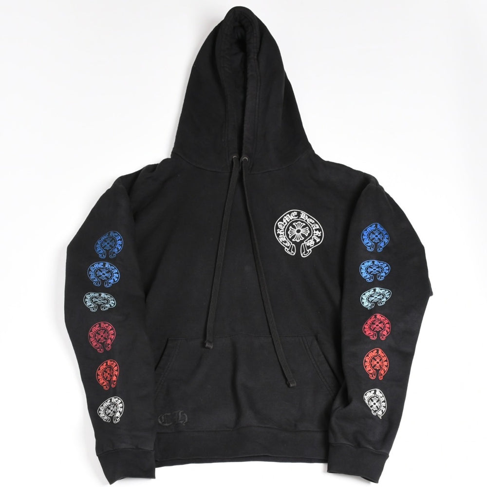 CHROME HEARTS クロムハーツ マルチカラー スリーブロゴ ホースシュー プルオーバーフーディ CHプラス スクロールラベル ブラック マルチカラー Lサイズ 美品 中古 4a004310