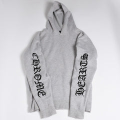 極美品 CHROME HEARTS クロムハーツ U LIFE SENTENCE 袖ロゴ刺繍 カシミヤ プルオーバーパーカー フーディ カシミヤ グレー ブラック Lサイズ 中古 4a004305