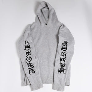 極美品 CHROME HEARTS クロムハーツ U LIFE SENTENCE 袖ロゴ刺繍 カシミヤ プルオーバーパーカー フーディ カシミヤ グレー ブラック Lサイズ 中古 4a004305