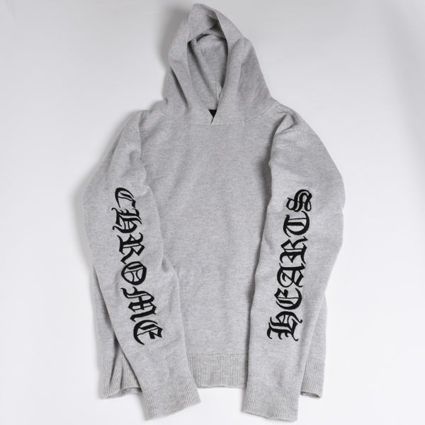 極美品 CHROME HEARTS クロムハーツ U LIFE SENTENCE 袖ロゴ刺繍 カシミヤ プルオーバーパーカー フーディ カシミヤ グレー ブラック Lサイズ 中古 4a004305