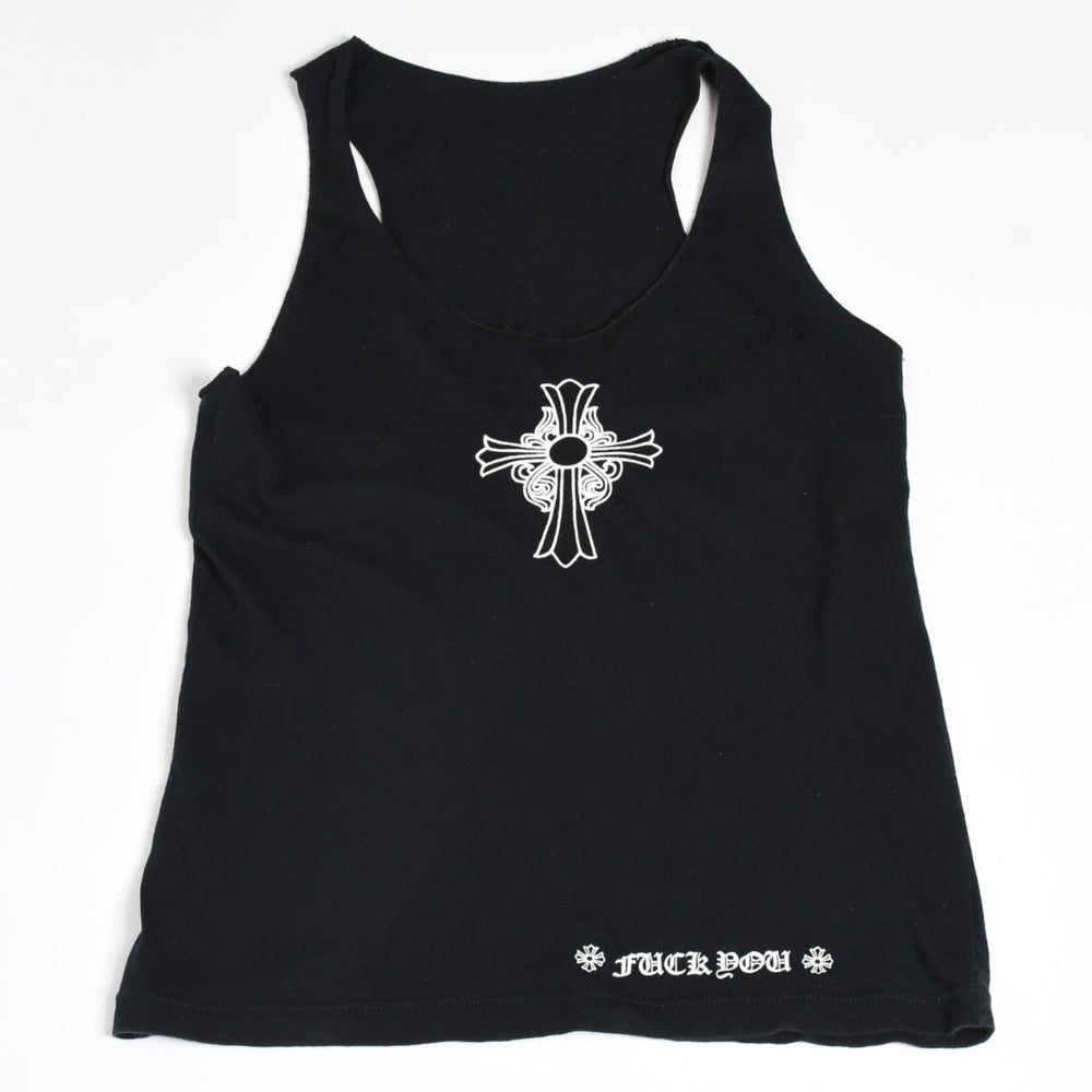 極美品 CHROME HEARTS クロムハーツ ヘイリークロス タンクトップ ノースリーブ フローラルハート ブラック Sサイズ 中古 4a004319
