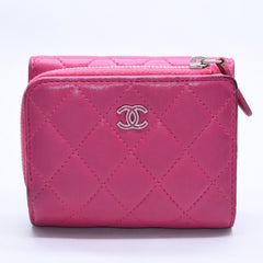 CHANEL シャネル マトラッセ 21番台 コンパクトウォレット 三つ折り財布 ラムスキン ピンク シルバー金具 美品 中古 4a004264
