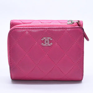 CHANEL シャネル マトラッセ 21番台 コンパクトウォレット 三つ折り財布 ラムスキン ピンク シルバー金具 美品 中古 4a004264